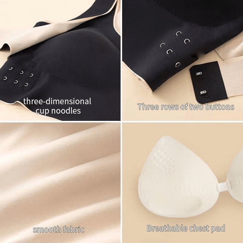 Close-up of sports bra features: three-dimensional cups, adjustable front closure, soft fabric, breathable chest pad.